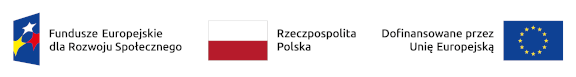 Zestaw logo związanych z finansowaniem projektu: Fundusze Europejskie dla Rozwoju Społecznego - Flaga Rzeczpospolitej Polskiej - Flaga Unii Europejskiej